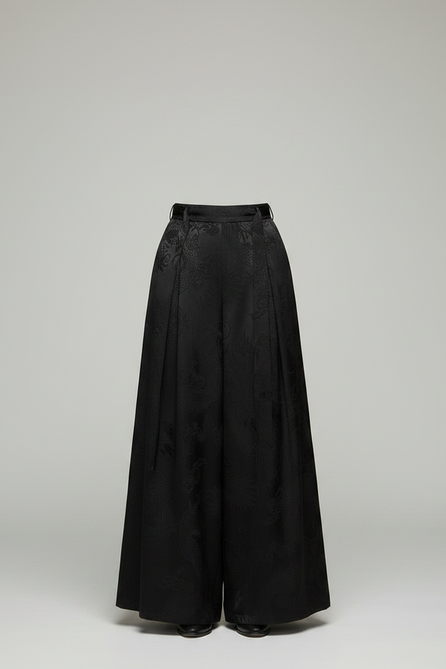 Pantalon Chinois Noir Jacquard Dragon Ample Élégant - Satin - vue 3