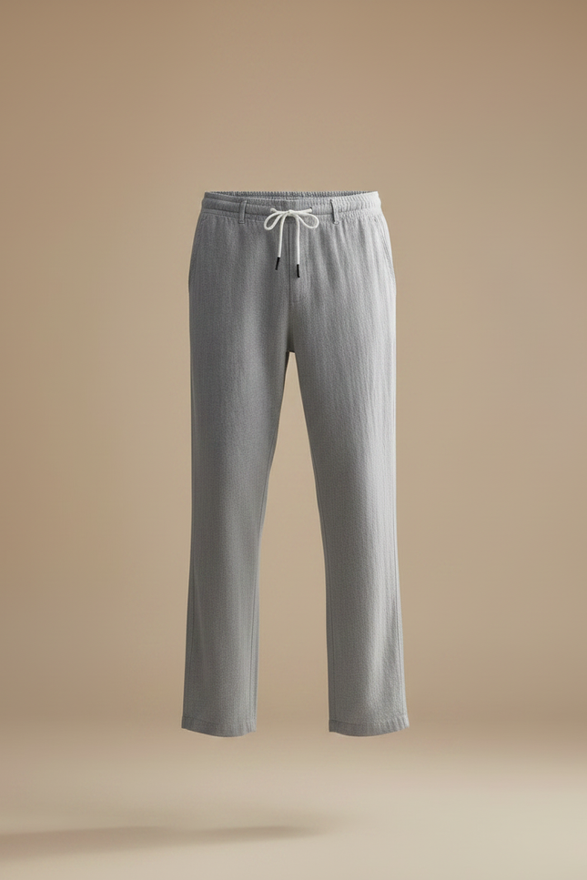 Pantalon Chinois Gris Lin Droit Décontracté Cordon - vue 3