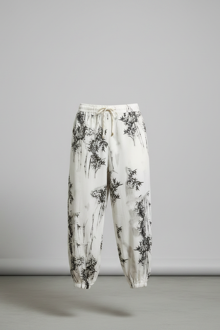 Pantalon Chinois Harem Blanc Imprimé Bambou Décontracté - Coton - vue 3