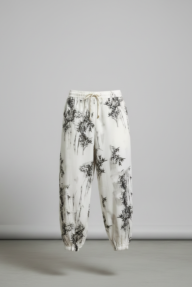 Pantalon Chinois Harem Blanc Imprimé Bambou Décontracté - Coton - vue 3