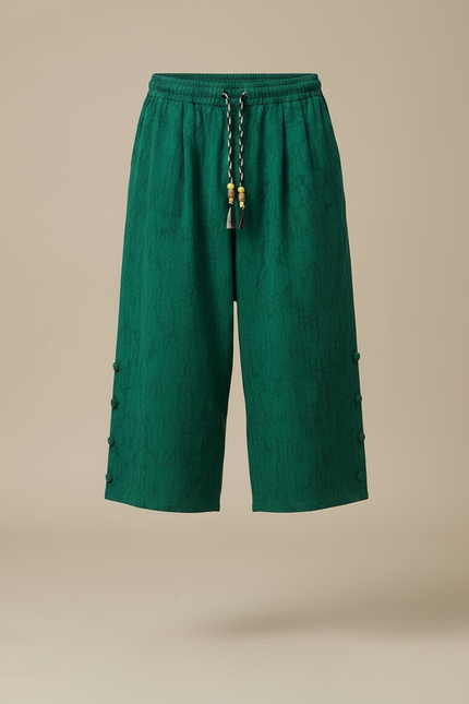 Pantalon Chinois Vert Ample Lin Froissé Décontracté - vue 3