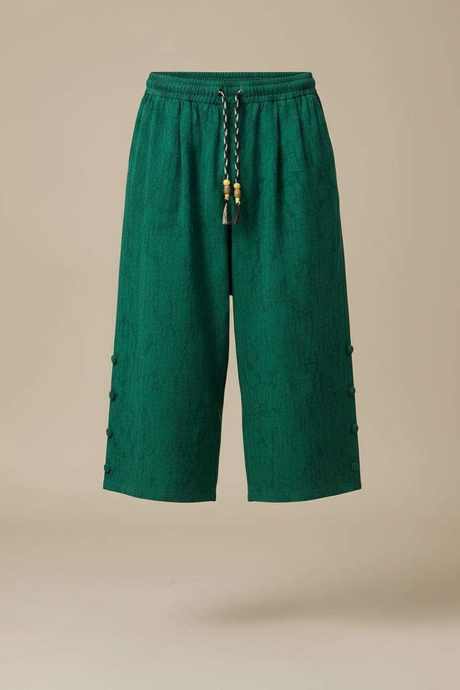 Pantalon Chinois Vert Ample Lin Froissé Décontracté - vue 3