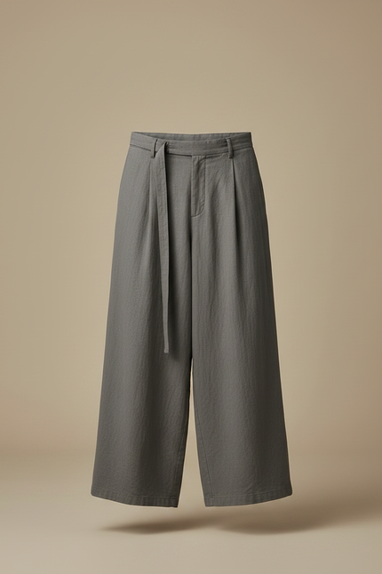 Pantalon Chinois Gris Ample Coton Lin Ceinture - vue 3