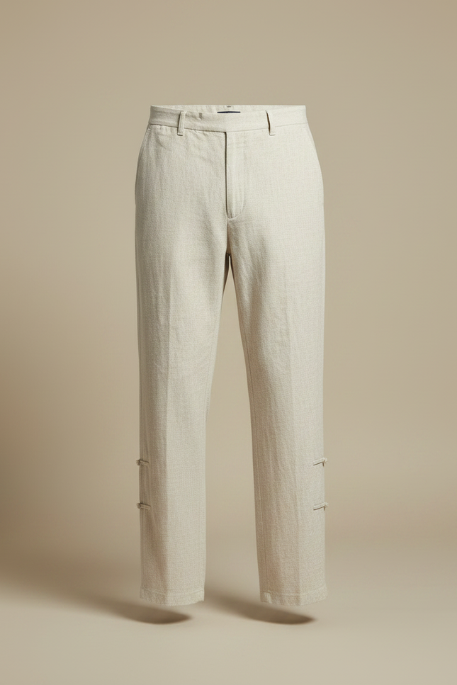 Pantalon Chinois Lin Beige Ample Décontracté Boucles Homme - vue 3