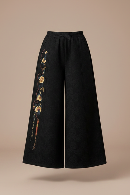 Pantalon Chinois Noir Brodé Ample Large Enfant - Laine - vue 3