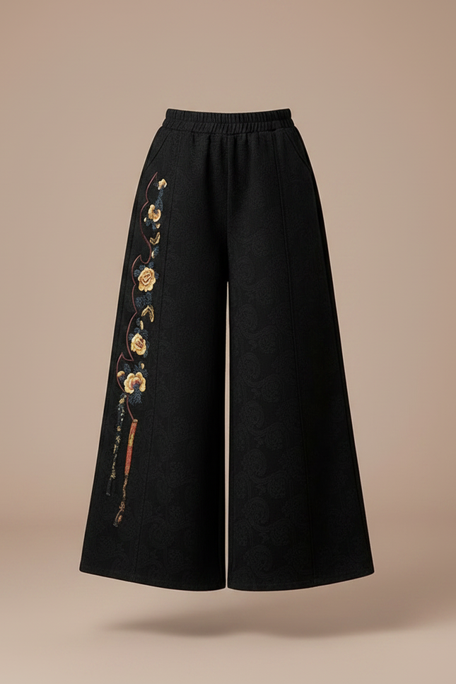 Pantalon Chinois Noir Brodé Ample Large Enfant - Laine - vue 3