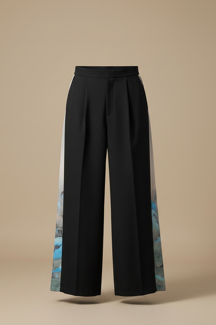 Pantalon Chinois Noir Ample Imprimé Paysage Soie Homme - vue 3