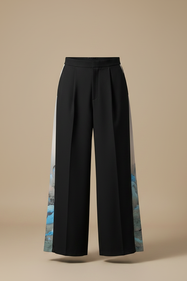 Pantalon Chinois Noir Ample Imprimé Paysage Soie Homme - vue 3