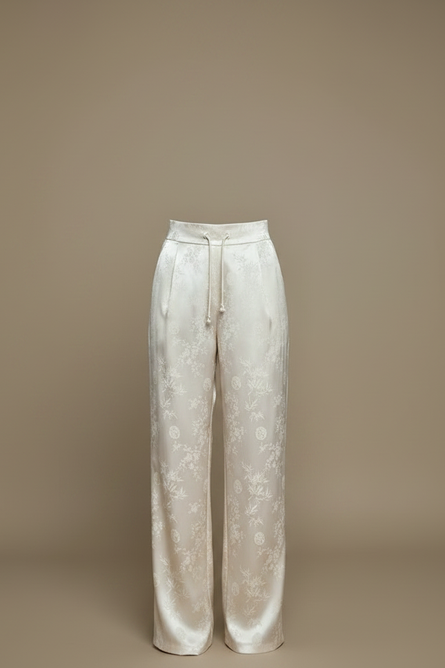 Pantalon Chinois Satin Jacquard Écru Ample Fluide Élégant - Beige - vue 3