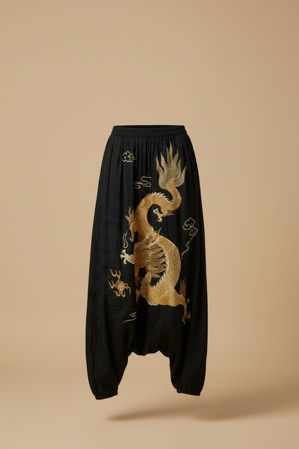 Pantalon Chinois Noir Brodé Dragon Doré Ample Femme - Velours - vue 3