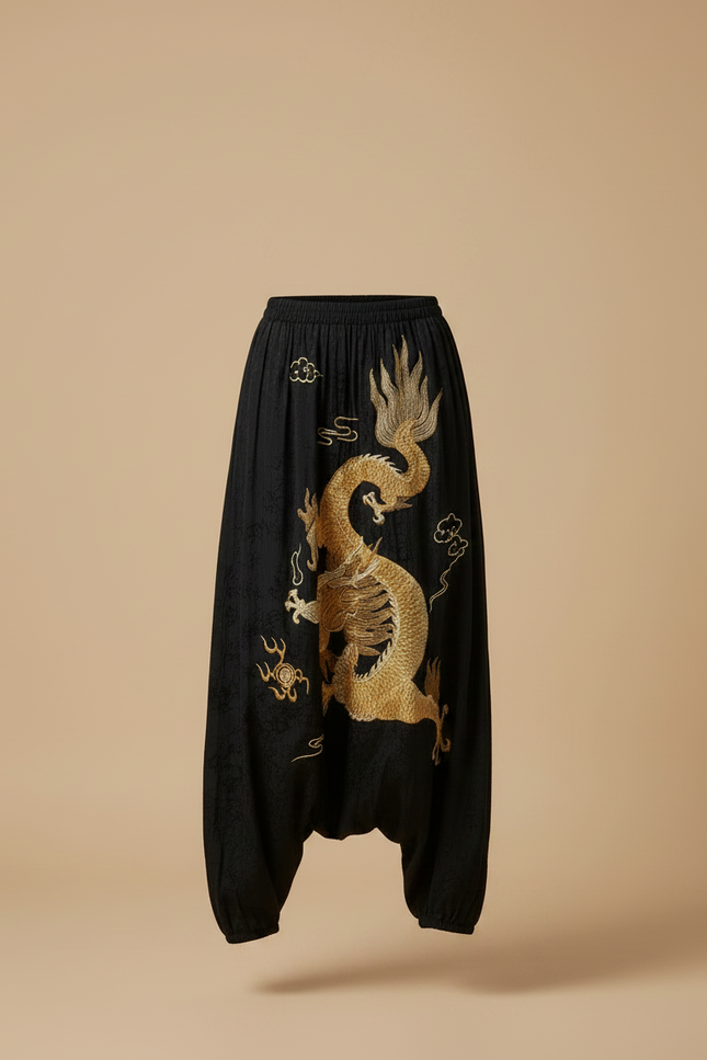 Pantalon Chinois Noir Brodé Dragon Doré Ample Femme - Velours - vue 3