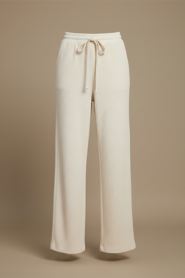 Pantalon Chinois Crème Côtelé Ample Femme Confortable - Beige Maille - vue 3