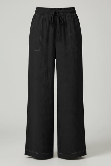 Pantalon Chinois Noir Ample Fluide Côtelé Femme - Cordé - vue 3