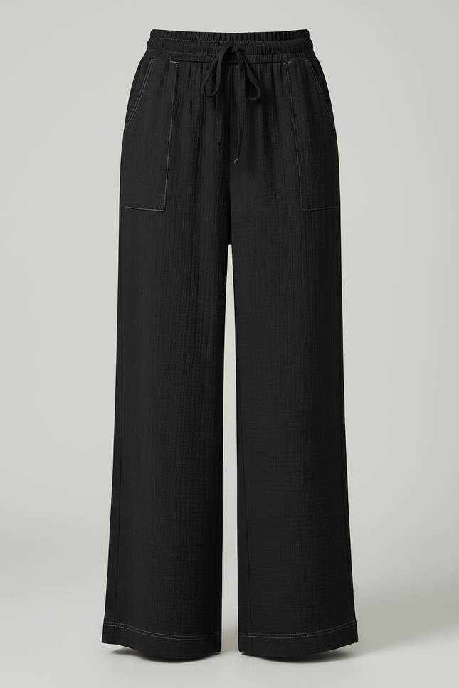 Pantalon Chinois Noir Ample Fluide Côtelé Femme - Cordé - vue 3