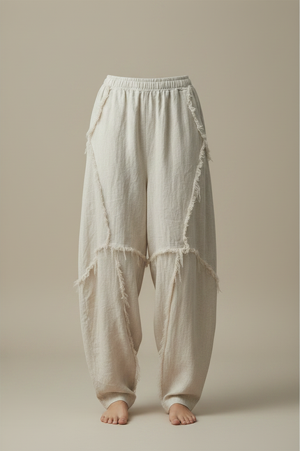 Pantalon Chinois Écru Lin Ample Déstructuré Vintage - Beige - vue 3