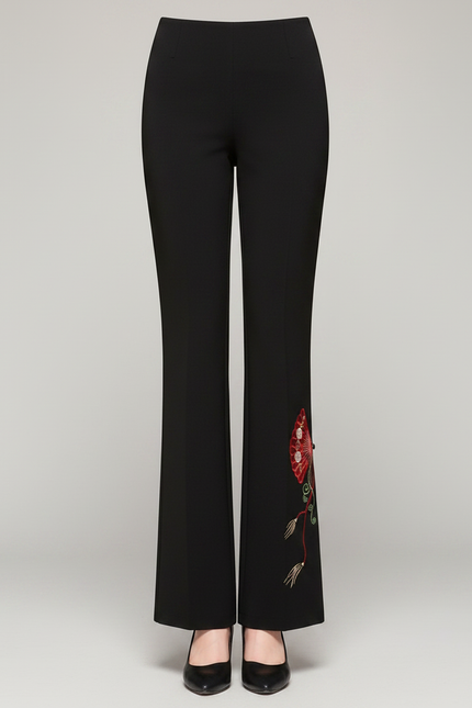 Pantalon Chinois Noir Brodé Évasé Élégant Femme - Polyester - vue 3