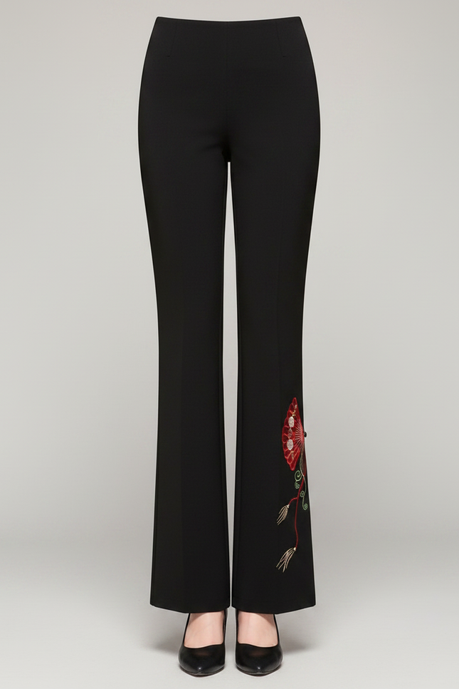 Pantalon Chinois Noir Brodé Évasé Élégant Femme - Polyester - vue 3