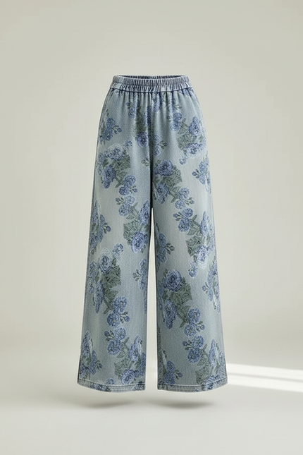 Pantalon Chinois Bleu Ample Imprimé Floral Denim Fluide - Jean - vue 3