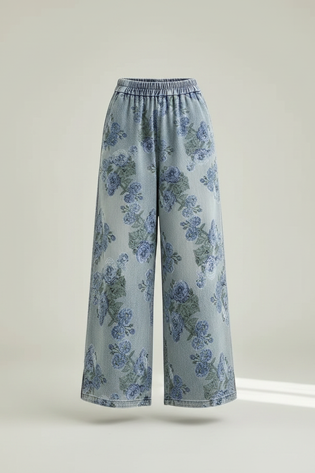 Pantalon Chinois Bleu Ample Imprimé Floral Denim Fluide - Jean - vue 3