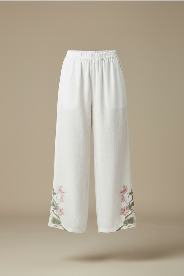 Pantalon Chinois Blanc Brodé Floral Ample Fluide Femme - Lin - vue 3