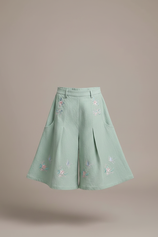 Pantalon Chinois Vert Ample Brodé Fleurs Papillons Fille - Lin - vue 3