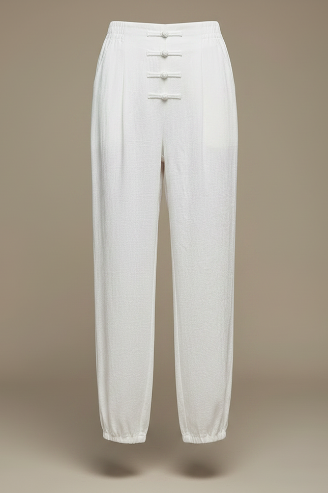 Pantalon Chinois Blanc Ample Lin Boutons Traditionnel - vue 3