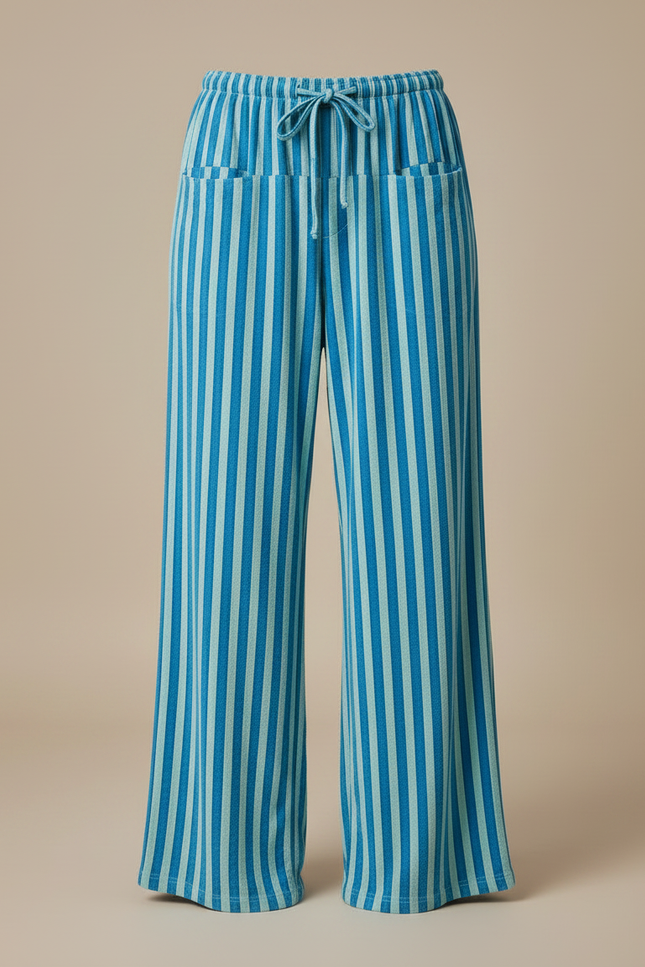 Pantalon Chinois Rayé Bleu Ample Fluide Cordon - Maille - vue 3
