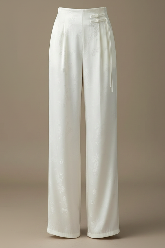 Pantalon Chinois Blanc Satin Jacquard Ample Femme - vue 3