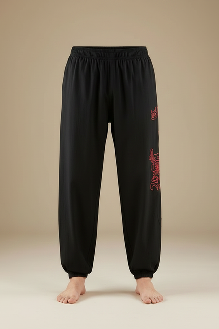 Pantalon Chinois Noir Ample Brodé Rouge Homme - Coton - vue 3