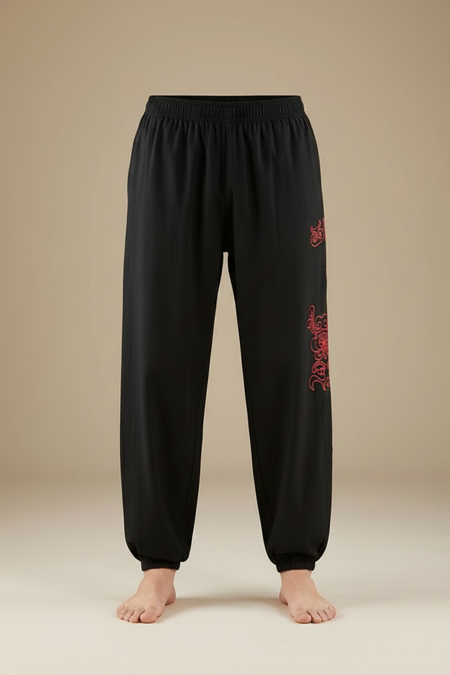 Pantalon Chinois Noir Ample Brodé Rouge Homme - Coton - vue 3