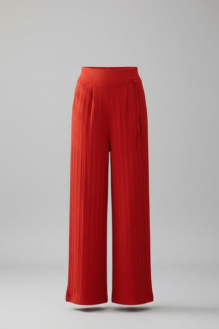 Pantalon Chinois Rouge Plissé Ample Taille Haute - Maille - vue 3