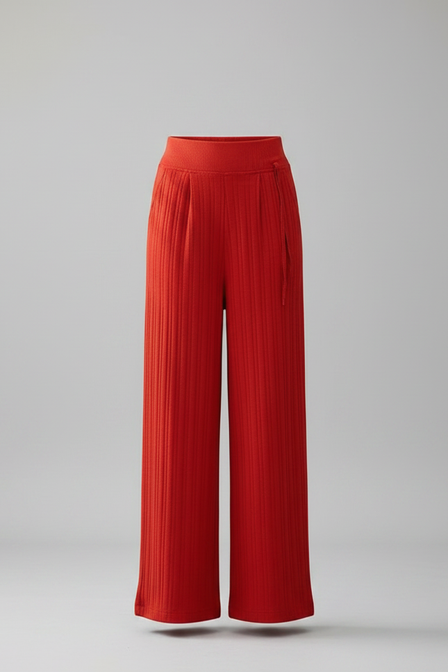 Pantalon Chinois Rouge Plissé Ample Taille Haute - Maille - vue 3