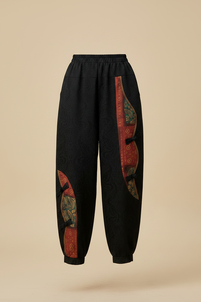 Pantalon Chinois Noir Velours Imprimé Floral Ample Femme - vue 3