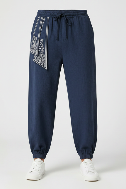 Pantalon Chinois Bleu Marine Brodé Harem Coton Homme - vue 3