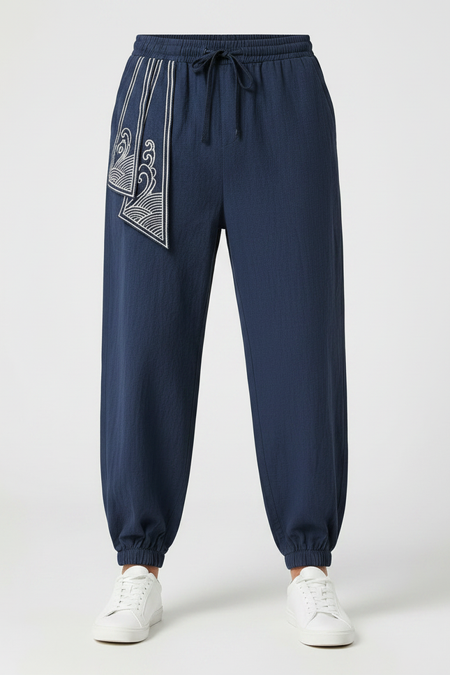 Pantalon Chinois Bleu Marine Brodé Harem Coton Homme - vue 3