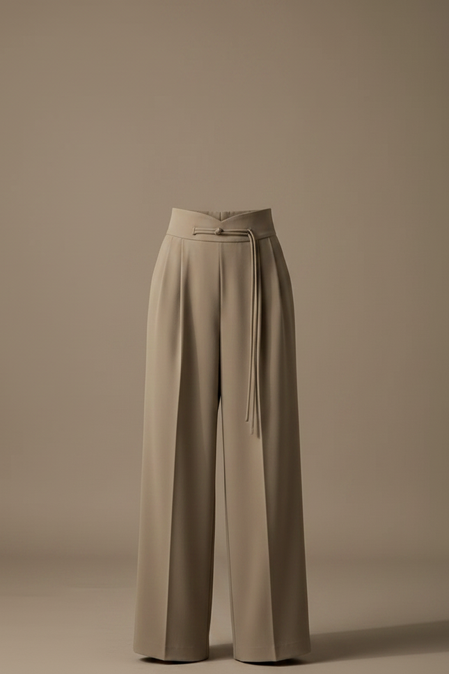 Pantalon Chinois Drapé Ample Taille Haute Femme Élégant - Kaki Polyester - vue 3