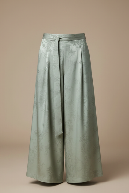 Pantalon Chinois Vert Sauge Ample Jacquard Dragon Soie - vue 3