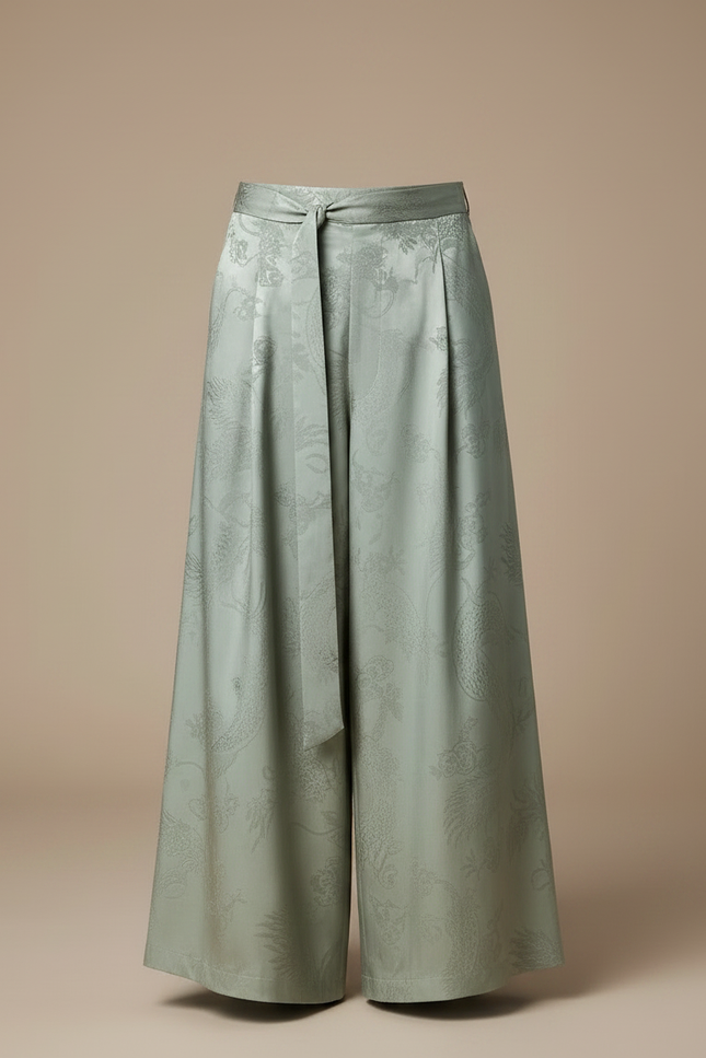 Pantalon Chinois Vert Sauge Ample Jacquard Dragon Soie - vue 3