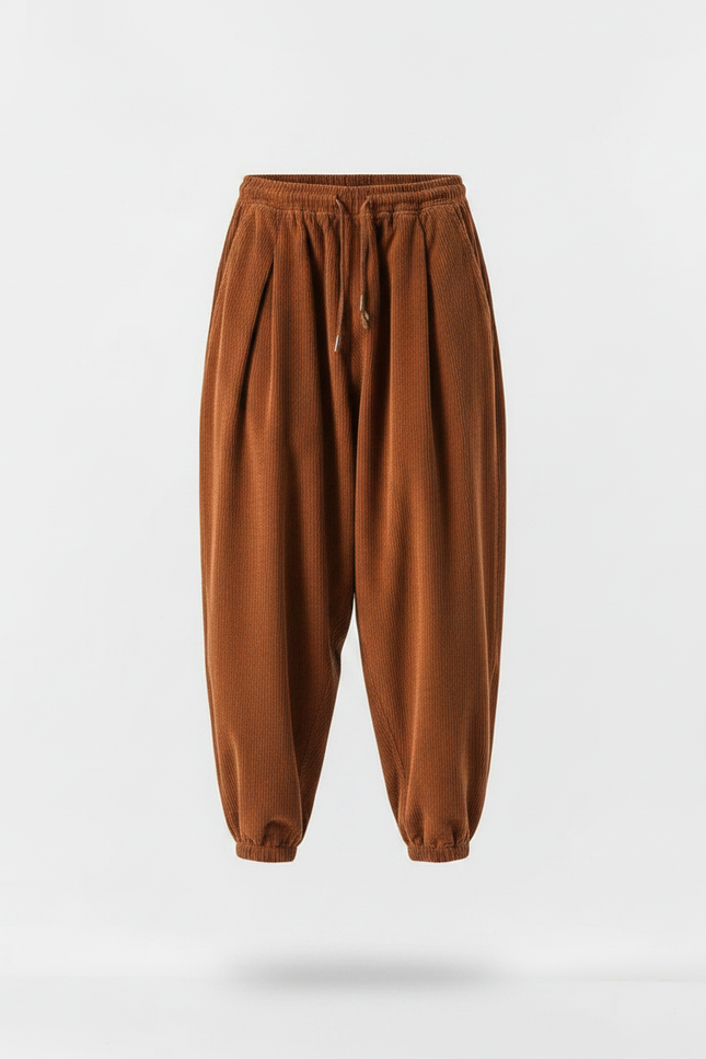 Pantalon Chinois Côtelé Marron Ample Décontracté Jogger - Cordé - vue 3