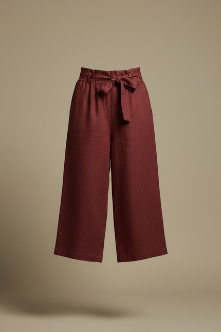 Pantalon Chinois Lin Ample Bordeaux Taille Haute Fluide - vue 3