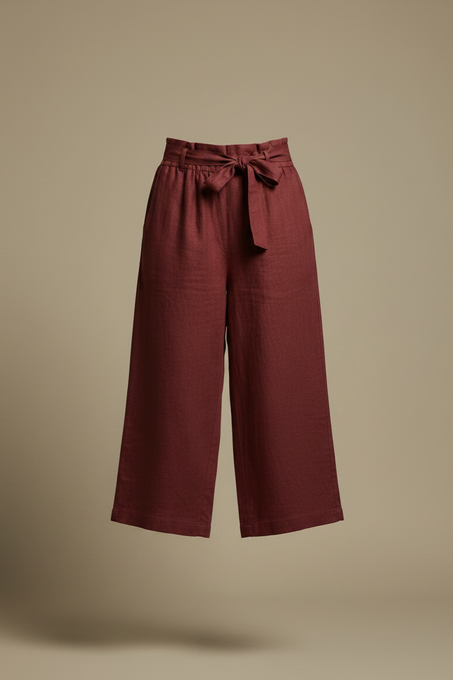Pantalon Chinois Lin Ample Bordeaux Taille Haute Fluide - vue 3
