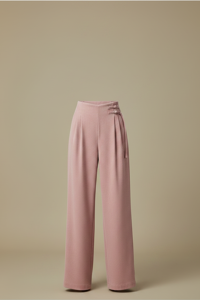 Pantalon Chinois Rose Plissé Ample Boutons Femme - Laine - vue 3