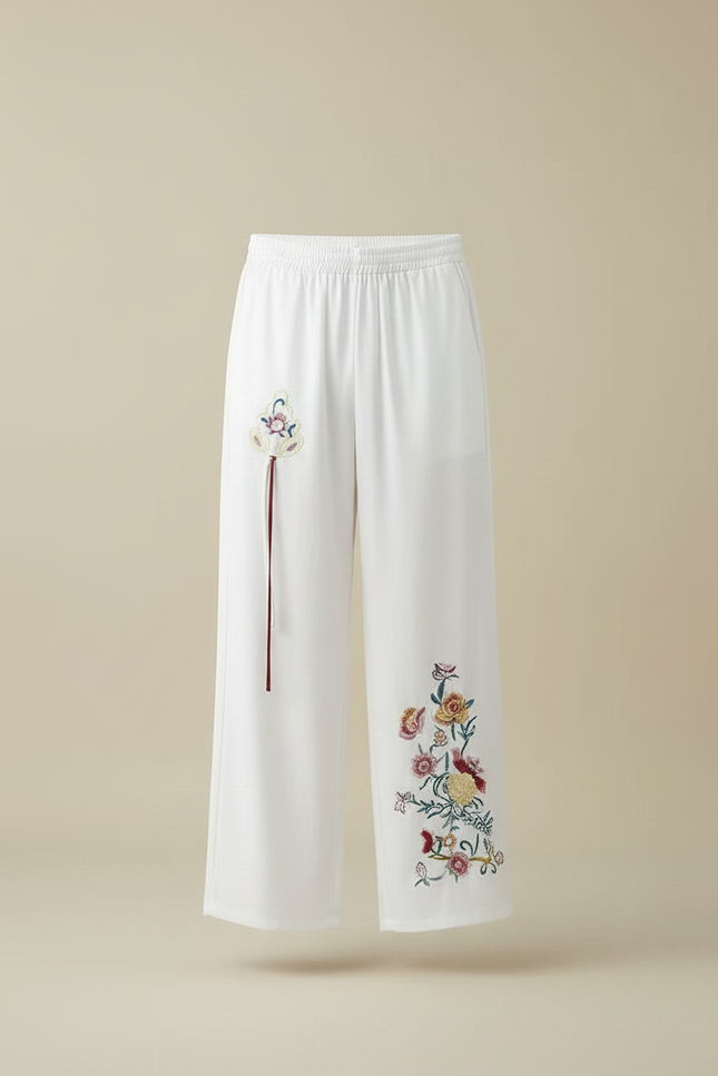 Pantalon Chinois Blanc Ample Brodé Ethnique Fluide - Viscose - vue 3