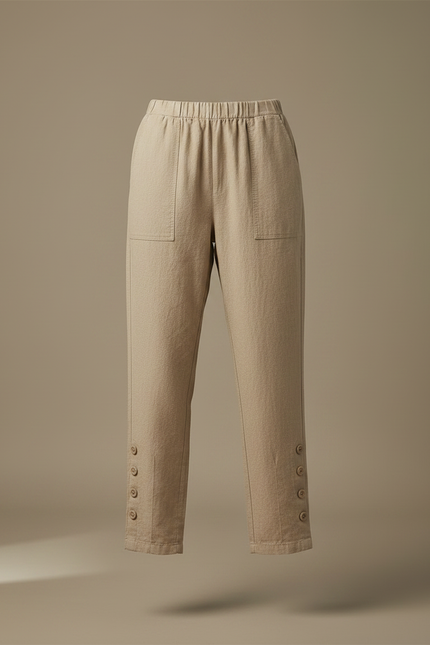 Pantalon Chinois Beige Lin Ample Boutons Décontracté - vue 3