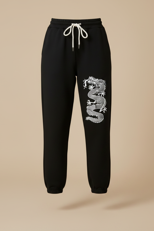 Pantalon Chinois Noir Dragon Imprimé Jogger Décontracté - Molleton - vue 3