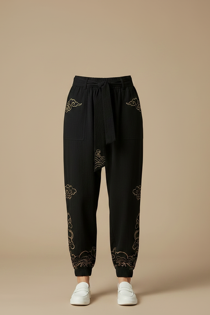 Pantalon Chinois Noir Brodé Harem Fluide Femme - Lin - vue 3