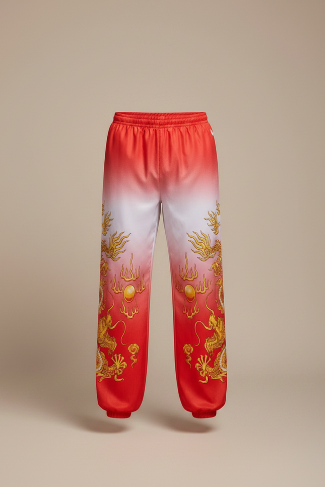 Pantalon Chinois Dégradé Rouge Dragon Doré Ample - Polyester - vue 3