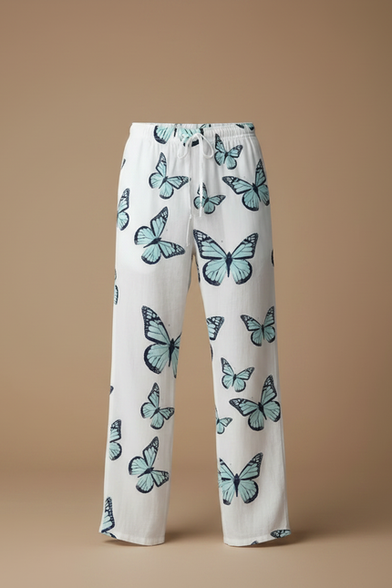 Pantalon Chinois Blanc Papillons Fluide Léger Décontracté - Lin - vue 3