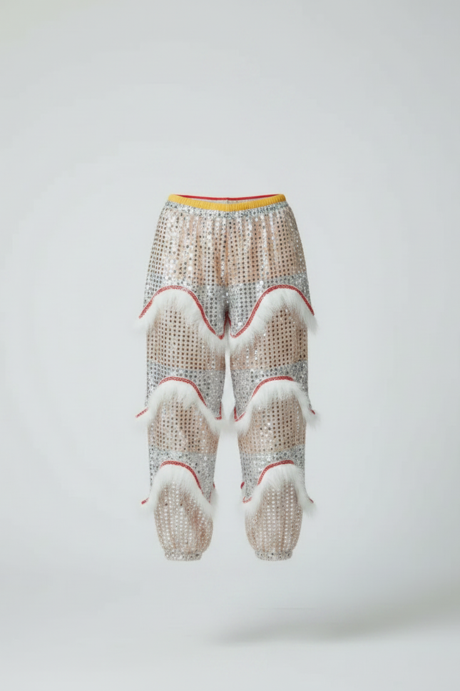 Pantalon Chinois Pailleté Blanc Fourrure Rouge Fantaisie - Polyester - vue 3