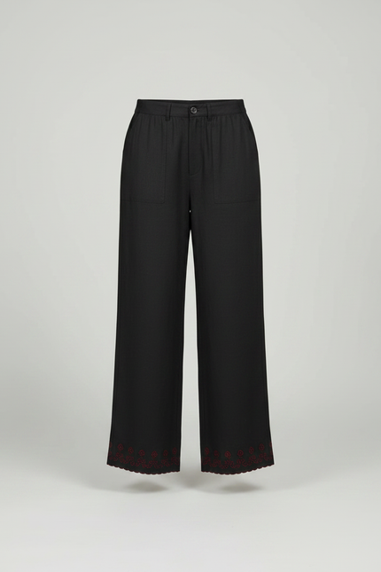 Pantalon Chinois Noir Brodé Fluide Femme Élégant - Viscose - vue 3